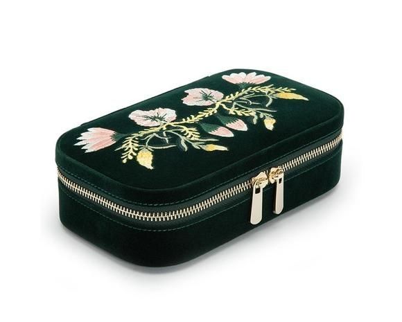 Wolf Zoe Forest Green Velvet Embroidered Floral Travel Zip Case-2