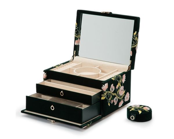 Wolf Zoe Forest Green Velvet Embroidered Floral Medium Jewellery Box-2