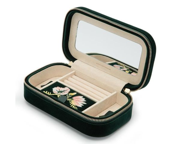 Wolf Zoe Forest Green Velvet Embroidered Floral Travel Zip Case-3