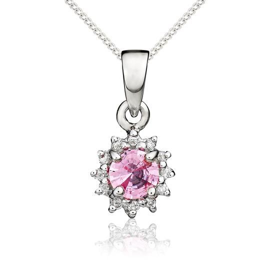 9ct White Gold Round Brilliant Pink Sapphire & Diamond Cluster Pendant-1