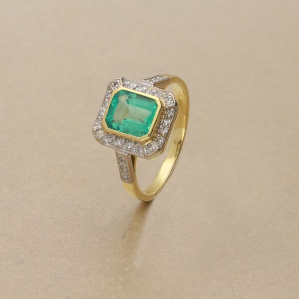 Pre Owned 18ct Yellow & White Gold Emerald-Cut 2.00ct Emerald & Diamond Cluster Ring-7004008