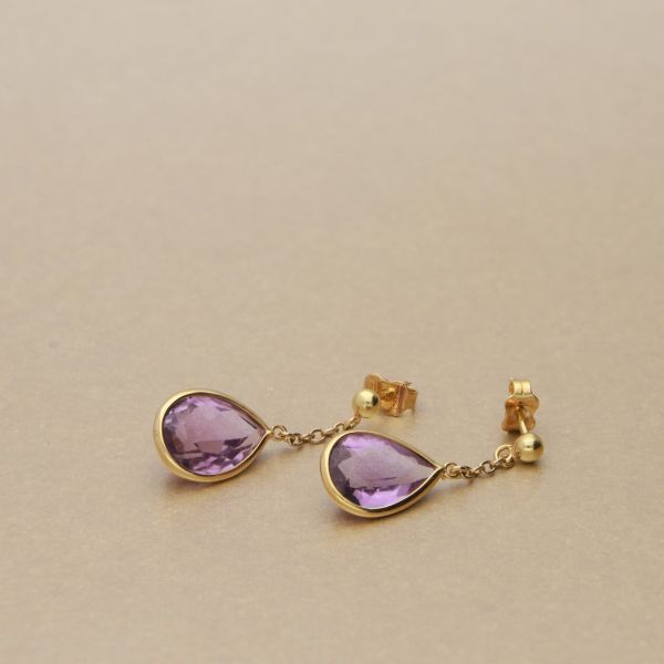 Pre Owned 18ct Yellow Gold Faceted Pear Cut Amethyst Drop Earrings-7013023