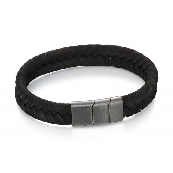 Fred Bennett Stainless Steel Black Leather Grey Clasp Bracelet-1