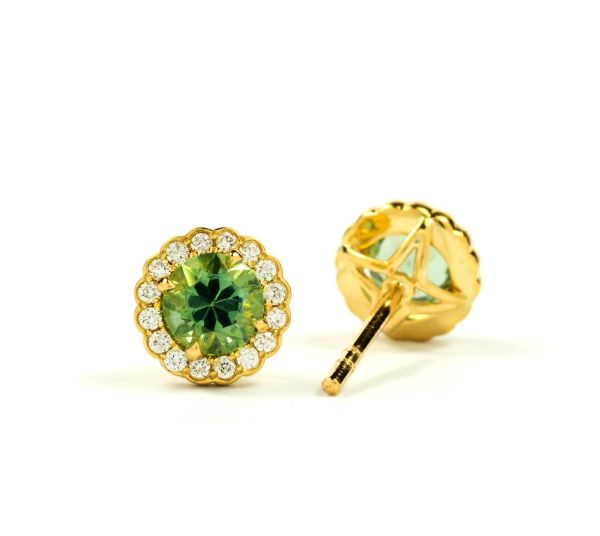 18ct Yellow Gold Green Tourmaline & Diamond Cluster Stud Belle Earrings-1331135