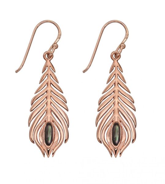 Rose Gold Plated Black Mother of Pearl Peacock Feather Drop Earrings-1