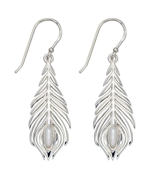 Silver Mother of Pearl Peacock Feather Drop Earrings-1
