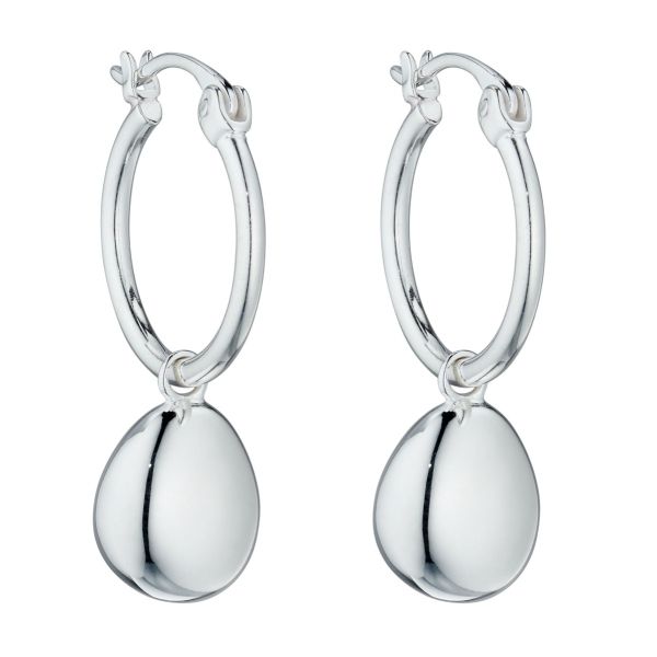 Silver Organic Pebble Charm Hoop Earrings-1