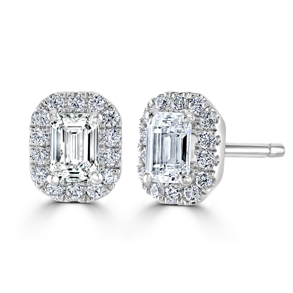 18ct White Gold 0.87ct Emerald Cut Lab Grown Diamond Cluster Stud Earrings-0913025