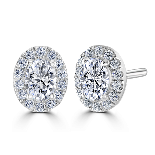 18ct White Gold 0.79ct Oval Cut Lab Grown Diamond Cluster Stud Earrings-0913026