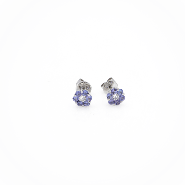 18ct White Gold Tanzanite & Diamond Flower Cluster Stud Earrings-1331137