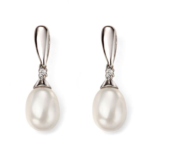 9ct White Gold Freshwater Pearl & Diamond Drop Earrings-1
