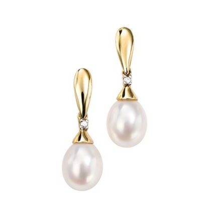 9ct Yellow Gold White Freshwater Pearl & Diamond Drop Earrings-1
