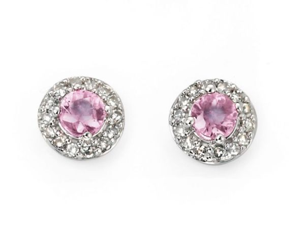 9ct White Gold Round Brilliant Cut Pink Sapphire & Diamond Stud Earrings-1
