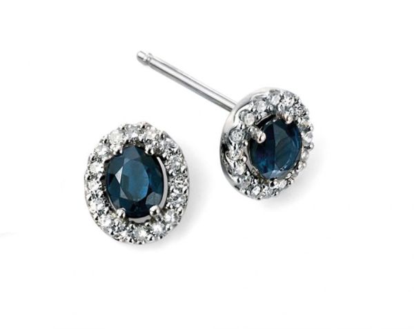 9ct White Gold Blue Oval Cut Sapphire & Diamond Cluster Stud Earrings-1327236