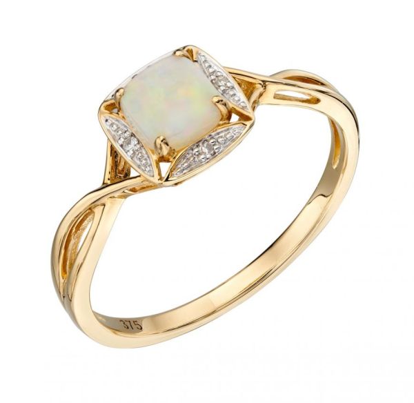 9ct Yellow Gold Opal & Diamond Cluster Twist Ring-1