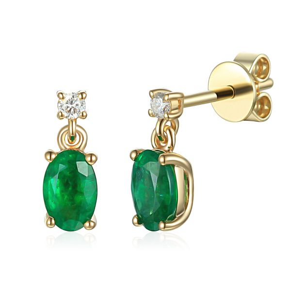 18ct Yellow Gold Oval Cut Emerald & Diamond Drop Stud Earrings-1324093