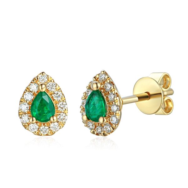 9ct Yellow Gold Pear Cut Emerald Cluster May Birthstone Stud Earrings-1324080