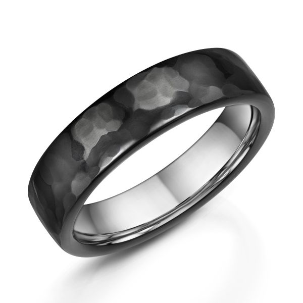 Zedd Silver & Zirconium 5mm Polished Hammered Wedding Ring-0730001