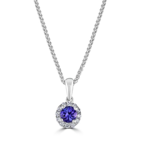 18ct White Gold 0.33ct Round Tanzanite & Diamond Cluster Pendant-1118675
