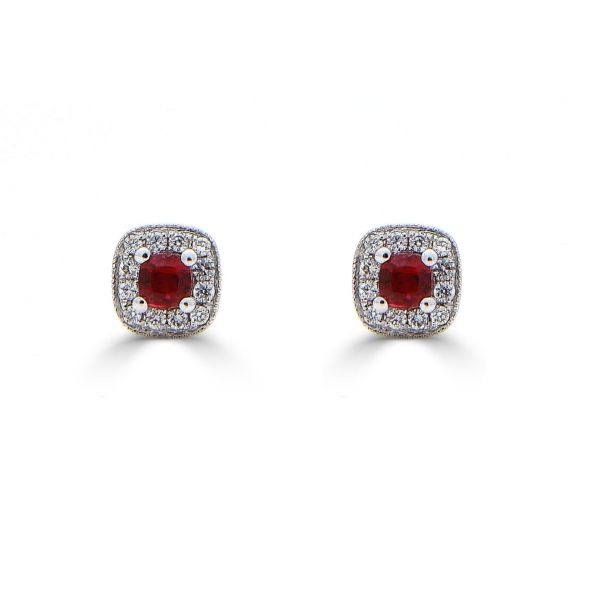 18ct White Gold Ruby & Diamond Cushion Cut Stud Earrings-1323129