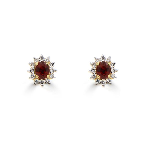 18ct Two-Tone Gold Oval Cut Ruby & Diamond Cluster Earrings-0313125