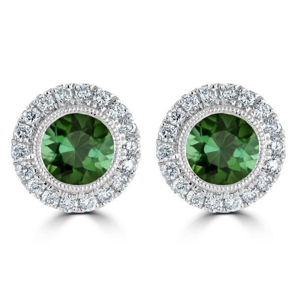 18ct White Gold 1.01ct Round Brilliant Tourmaline & Diamond Stud Earrings-1331140