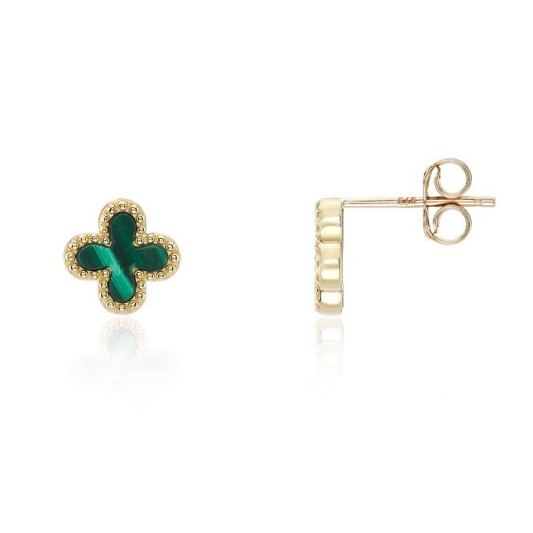 9ct Yellow Gold Green Malachite Small Clover Stud Earrings-1330363