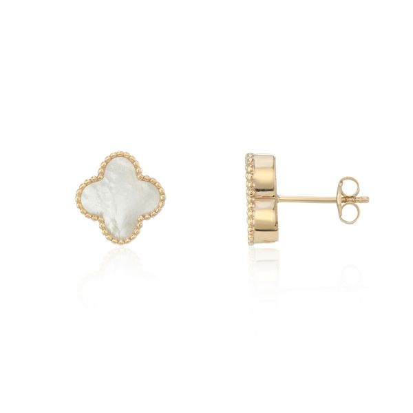 9ct Yellow Gold Mother of Pearl Clover Large Stud Earrings-1305362