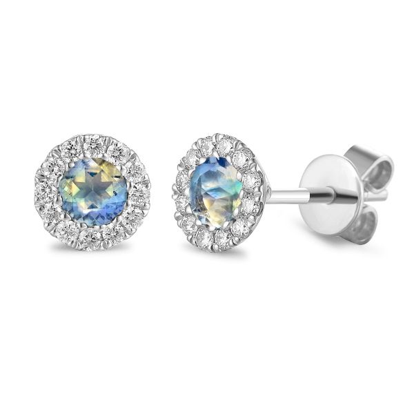 9ct White Gold Moonstone Cluster June Birthstone Stud Earrings-1331120