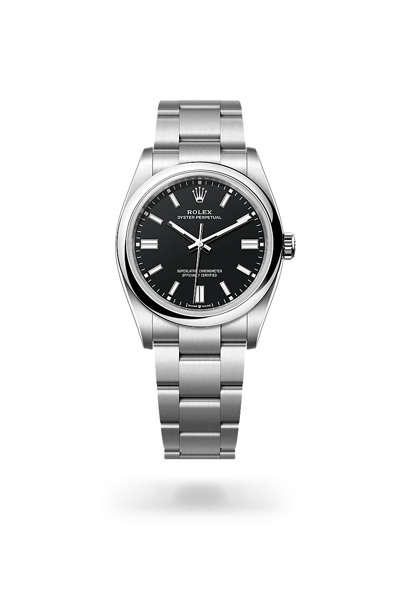 Rolex Oyster Perpetual 36 in Oystersteel with a Black dial, Domed bezel, Oyster, three-piece solid links bracelet.