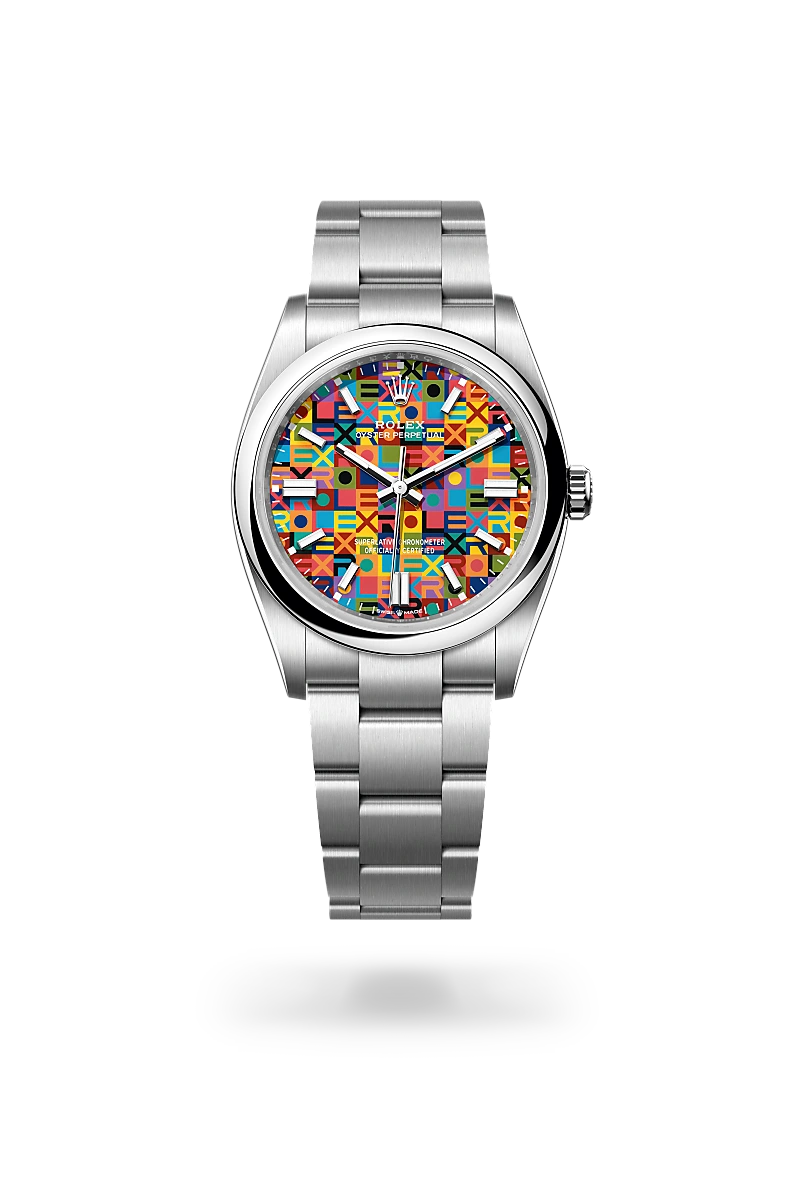Rolex Oyster Perpetual 36 in Oystersteel with a Multicoloured, Jubilee motif dial, Domed bezel, Oyster, three-piece solid links bracelet.