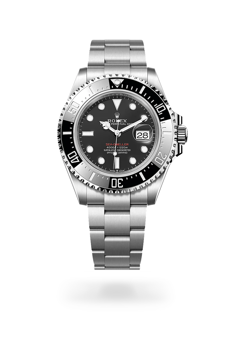 Rolex Sea-Dweller in Oystersteel with a Intense black dial, Unidirectional rotatable 60-minute graduated, scratch-resistant Cerachrom insert in black ceramic, numerals and graduations coated in platinum bezel, Oyster, three-piece solid links bracelet.
