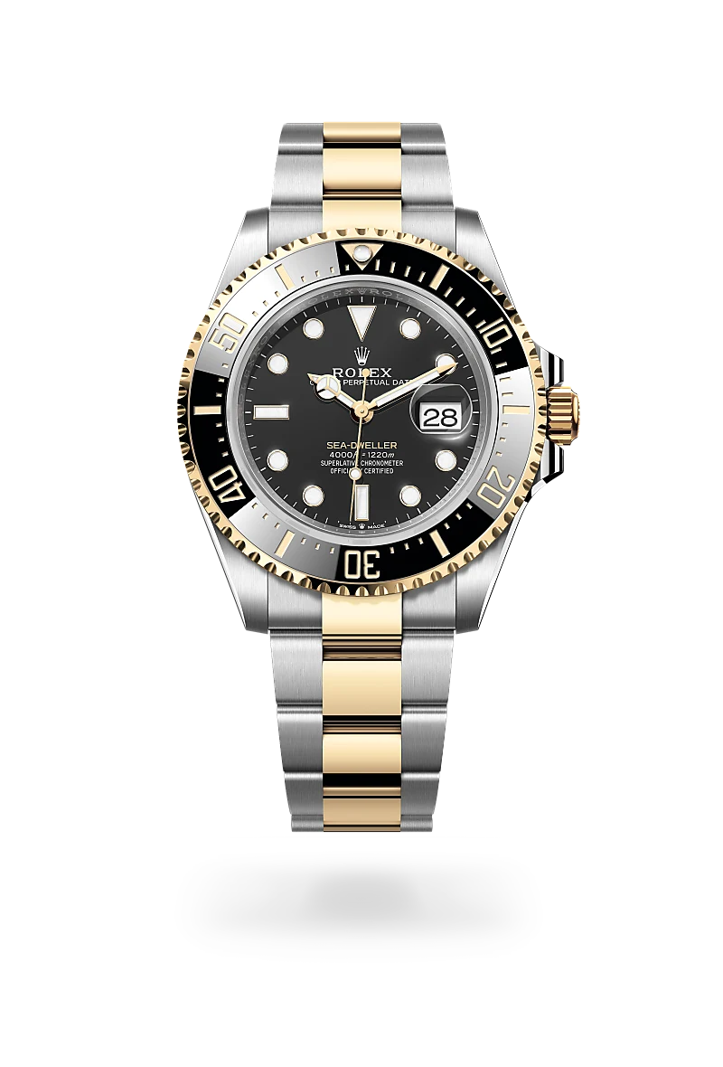 Rolex Sea-Dweller in Yellow Rolesor - combination of Oystersteel and yellow gold with a Intense black dial, Unidirectional rotatable 60-minute graduated, scratch-resistant Cerachrom insert in black ceramic, numerals and graduations coated in gold bezel, Oyster, three-piece solid links bracelet.