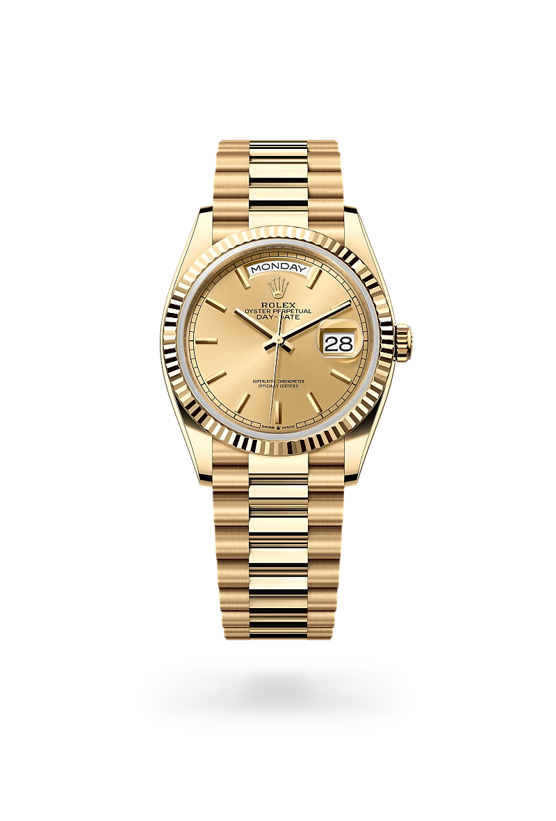 Rolex Day-Date 36 in 18 ct yellow gold with a Champagne-colour dial, Fluted bezel, President, semi-circular three-piece links bracelet.
