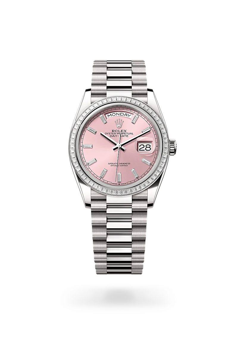 Rolex Day-Date 36 in 18 ct white gold with a Pink set with diamonds dial, Set with diamonds bezel, President, semi-circular three-piece links bracelet.