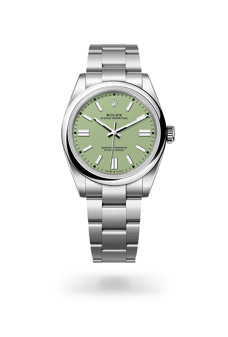 Rolex Oyster Perpetual 41 in Oystersteel with a Pistachio dial, Domed bezel, Oyster, three-piece solid links bracelet.