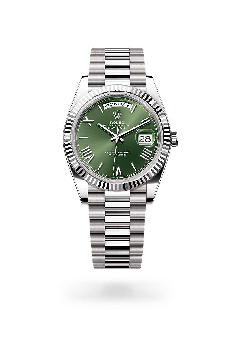 Rolex Day-Date 40 in 18 ct white gold with a Olive green dial, Fluted bezel, President, semi-circular three-piece links bracelet.