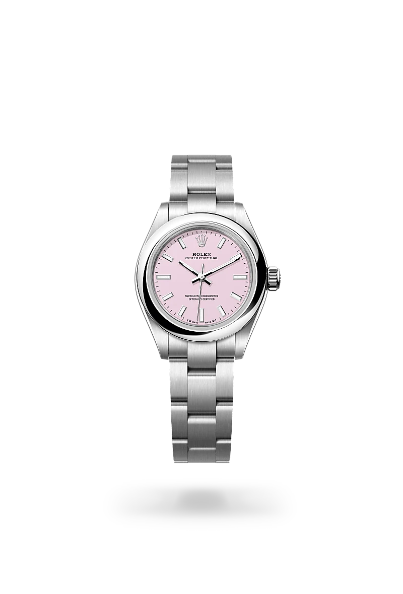 Rolex Oyster Perpetual 28 in Oystersteel with a Candy pink dial, Domed bezel, Oyster, three-piece solid links bracelet.