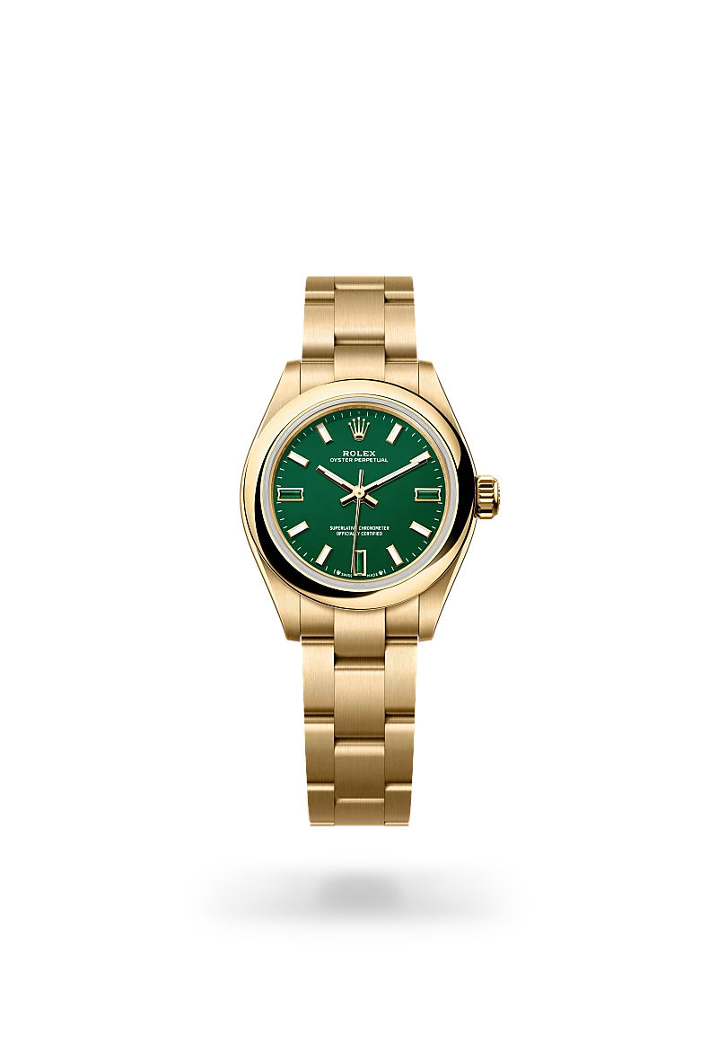 Rolex Oyster Perpetual 28 in 18 ct yellow gold with a Green stone dial, Domed bezel, Oyster, three-piece solid links bracelet.