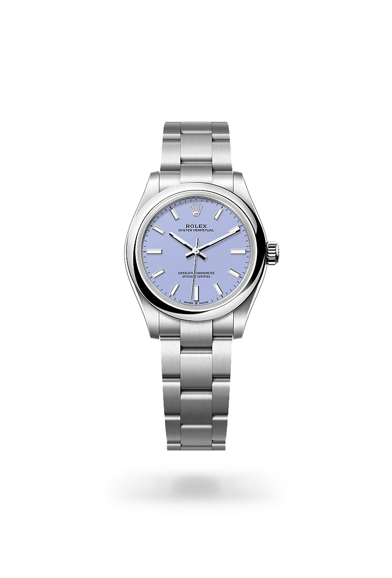 Rolex Oyster Perpetual 31 in Oystersteel with a Lavender dial, Domed bezel, Oyster, three-piece solid links bracelet.