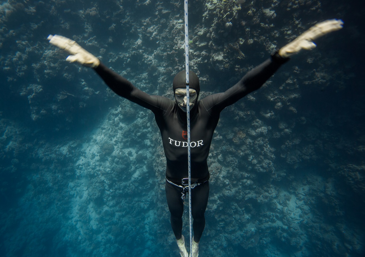 Morgan Bourc'his Freediving in Documentary The Quest for Nature Wearing TUDOR Pelagos Watch
